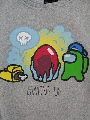 Among Us grey sweatshirt featuring colorful graphic of crew members and sleeve designs.
