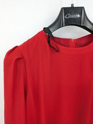 Yessica red vintage dress 80s style with long puff sleeves and pleated skirt.