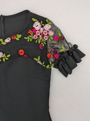 Elegante multi cocktail dress black floral embroidery illusion neckline ruffled mesh sleeves