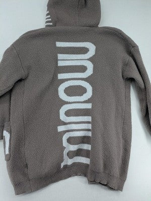 Minouu brown long cardigan with hood, featuring logo design and front pockets.