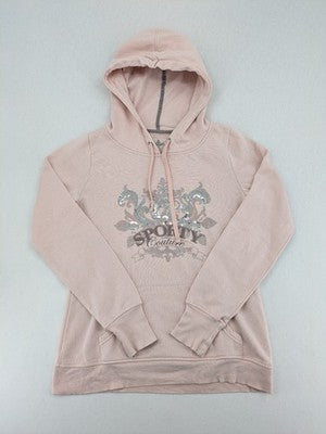 Amisu pink hoodie with sporty couture graphic and silver sequin embellishments.