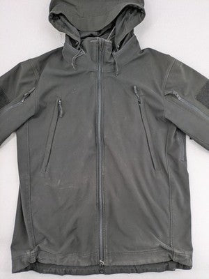 Condor grey softshell jacket with multiple pockets and adjustable hood, tactical outdoor design.