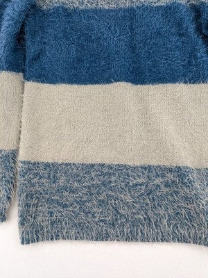 Bodyflirt knit jumper beige blue grey colorblock stripes soft material classic round neck