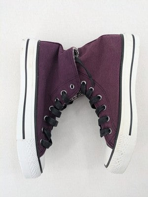 Mtng high top sneakers purple canvas with black laces and patterned white lining.