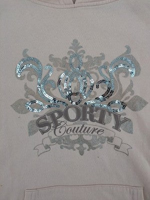 Amisu pink hoodie with sporty couture graphic and silver sequin embellishments.