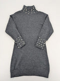 SHEIN grey knit jumper dress with pearl embellishments and ruffled stand collar.