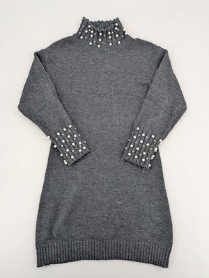 SHEIN grey knit jumper dress with pearl embellishments and ruffled stand collar.