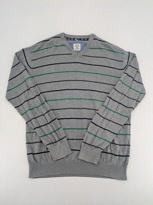 C. Comberti grey knit jumper with green and navy horizontal stripes, V-neck design.
