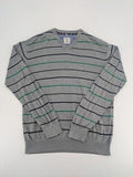 C. Comberti grey knit jumper with green and navy horizontal stripes, V-neck design.