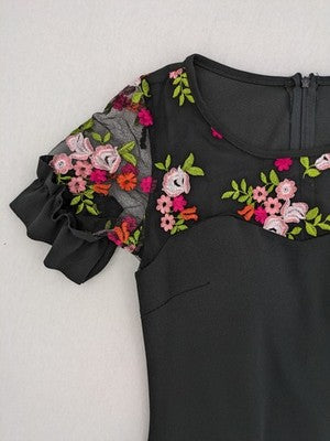 Elegante multi cocktail dress black floral embroidery illusion neckline ruffled mesh sleeves