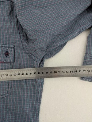 Engbers long-sleeve shirt grey checkered pattern with red accents and logo embroidery.