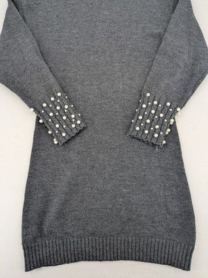 SHEIN grey knit jumper dress with pearl embellishments and ruffled stand collar.