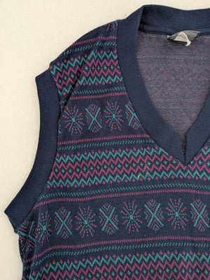 Black Horse black vest geometric pattern blue petrol lilac V-neck 100% cotton vintage