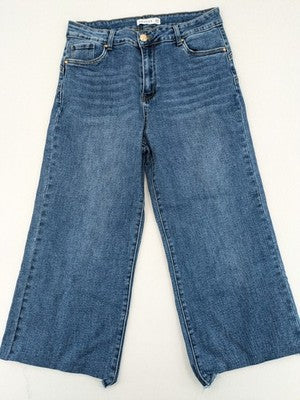 Goodies blue wide leg cropped jeans high rise raw hem classic 5-pocket design