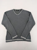 Elake grey knit jumper with V-neck, cable knit pattern and contrasting stripes.