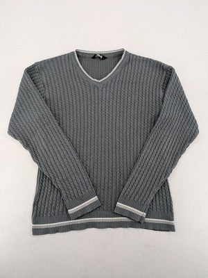 Elake grey knit jumper with V-neck, cable knit pattern and contrasting stripes.