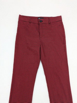 Zara red and black gingham check slim fit stretch pants with elastic blend material.
