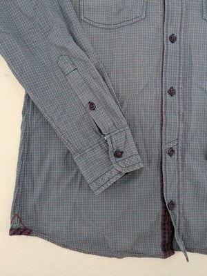 Engbers long-sleeve shirt grey checkered pattern with red accents and logo embroidery.