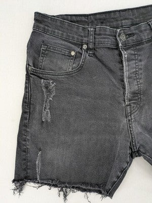 H&M black distressed skinny jeans shorts with frayed hem and button fly detail.