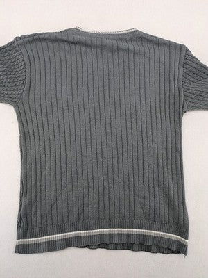 Elake grey knit jumper with V-neck, cable knit pattern and contrasting stripes.