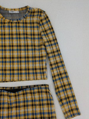 FB Sister co-ords multi-coloured checkered pattern crop top and mini skirt set.