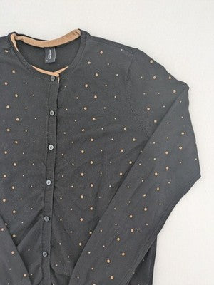Piazza Italia beige cardigan with brown polka dots and contrasting cuffs, soft viscose blend.