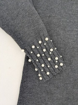 SHEIN grey knit jumper dress with pearl embellishments and ruffled stand collar.