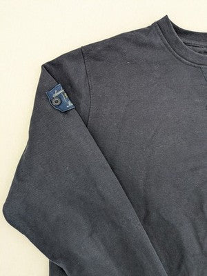 Nautica navy sweatshirt with embroidered logo on chest and patch on sleeve.