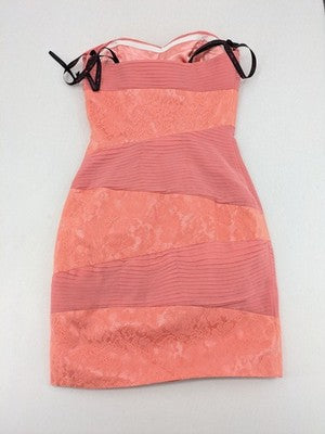 Laona pink bodycon cocktail dress with strapless design and floral lace details.