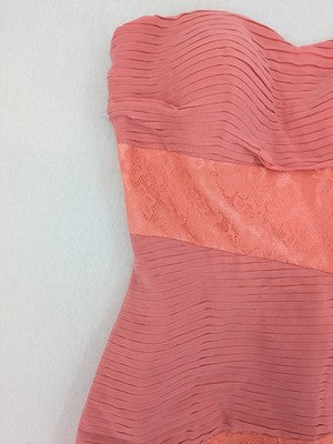 Laona pink bodycon cocktail dress with strapless design and floral lace details.