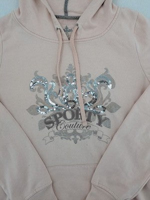 Amisu pink hoodie with sporty couture graphic and silver sequin embellishments.
