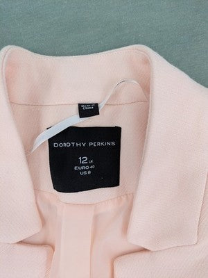 Dorothy Perkins pink long blazer open front with classic lapels and two front pockets