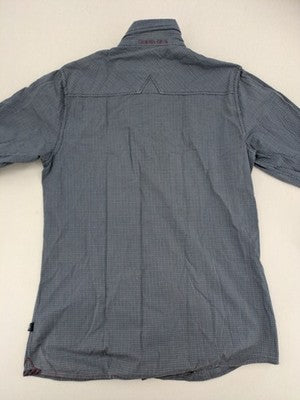 Engbers long-sleeve shirt grey checkered pattern with red accents and logo embroidery.