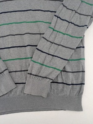 C. Comberti grey knit jumper with green and navy horizontal stripes, V-neck design.