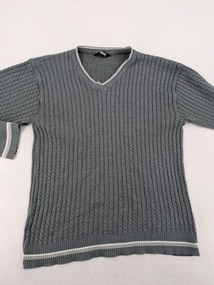 Elake grey knit jumper with V-neck, cable knit pattern and contrasting stripes.