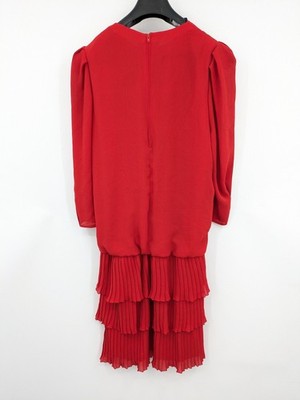 Yessica red vintage dress 80s style with long puff sleeves and pleated skirt.