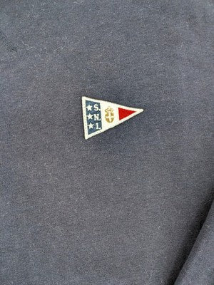 Nautica navy sweatshirt with embroidered logo on chest and patch on sleeve.
