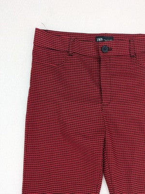 Zara red and black gingham check slim fit stretch pants with elastic blend material.