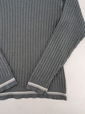 Elake grey knit jumper with V-neck, cable knit pattern and contrasting stripes.
