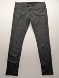 Damen grey coated skinny jeans with five-pocket design and gold hardware details.