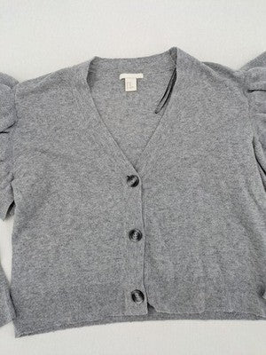 H&M grey cardigan with V-neck, button front, and layered ruffle sleeves.