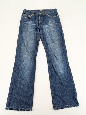 Dolce & Gabbana blue bootcut jeans with suede logo patch and classic 5-pocket design.