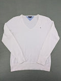 Tommy Hilfiger pink knit jumper V-neck with embroidered flag logo on chest.