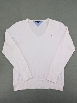 Tommy Hilfiger pink knit jumper V-neck with embroidered flag logo on chest.