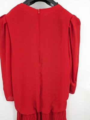 Yessica red vintage dress 80s style with long puff sleeves and pleated skirt.