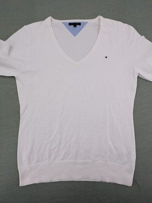 Tommy Hilfiger pink knit jumper V-neck with embroidered flag logo on chest.