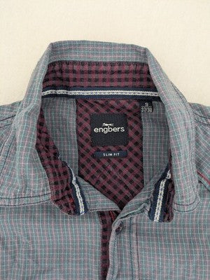 Engbers long-sleeve shirt grey checkered pattern with red accents and logo embroidery.