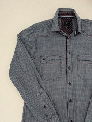 Engbers long-sleeve shirt grey checkered pattern with red accents and logo embroidery.