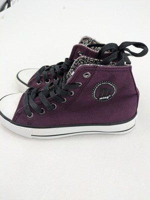 Mtng high top sneakers purple canvas with black laces and patterned white lining.