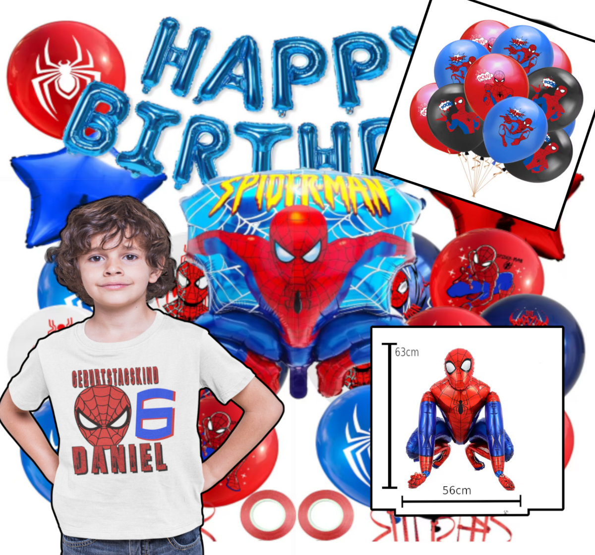 Spiderman blue cotton T-shirt with vibrant red and white superhero graphic design.